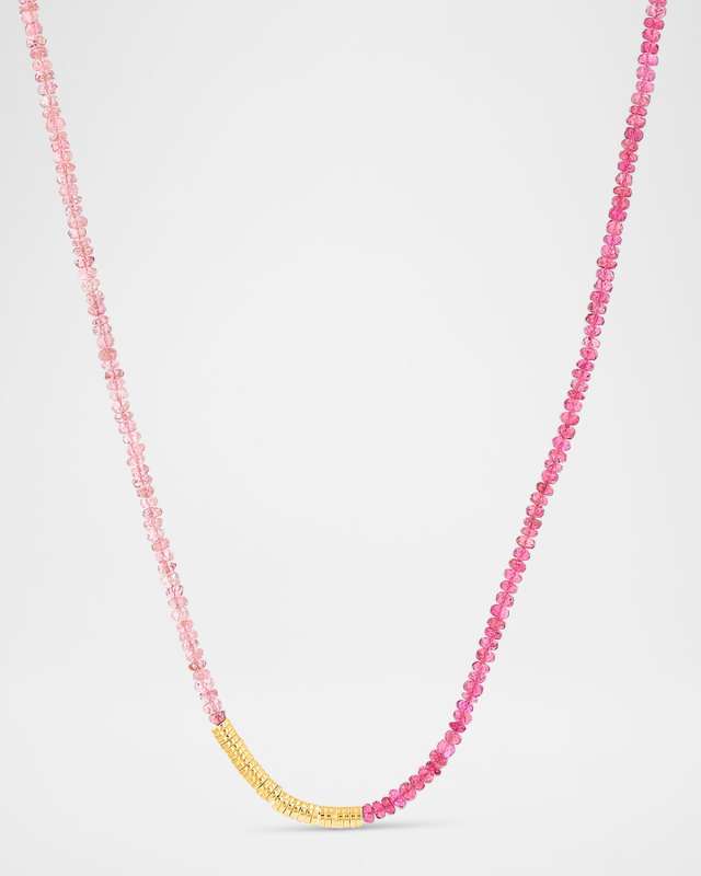 14K Yellow Gold Light and Dark Pink Tourmaline Skinny Bead Necklace